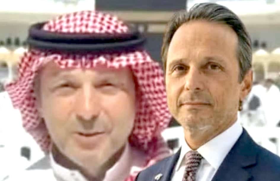 مذکورہ تصویر میں دو سیاسی رہنما، ایک سعودی عرب اور دوسرے پاکستان سے، ملاقات کر رہے ہیں۔.