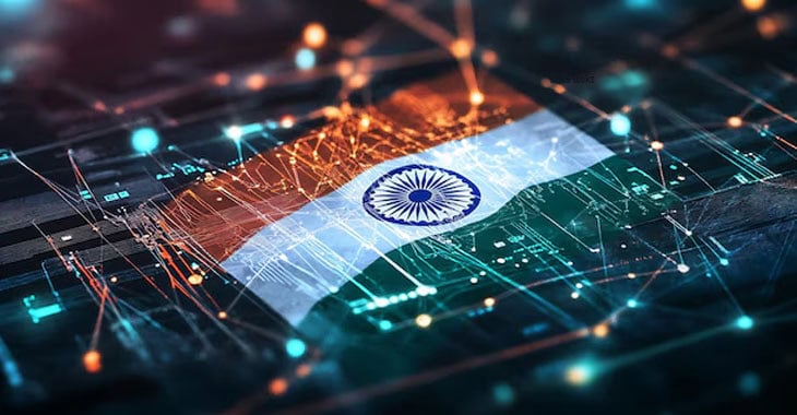 ہندوستانی پرچم کے ساتھ ڈیجیٹل نیٹ ورک، ٹیکنالوجی اور ڈیجیٹل کنیکٹیویٹی کی نمائندگی.