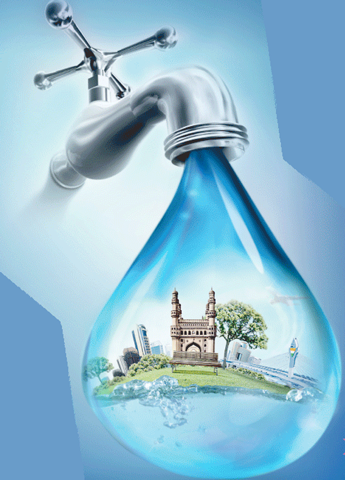 پانی کا قطرہ، شہر اور قدرتی مناظر کے ساتھ، پانی کی اہمیت اور تحفظ پر زور دیتا ہے۔.