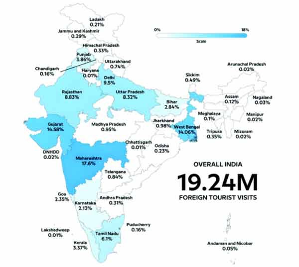 ایچ ٹی ایم ایل متبادل متن: ہندوستان کے مختلف ریاستوں کا نقشہ، سیاحت اور غیر ملکی سیاحوں کے وزٹ کی مع.