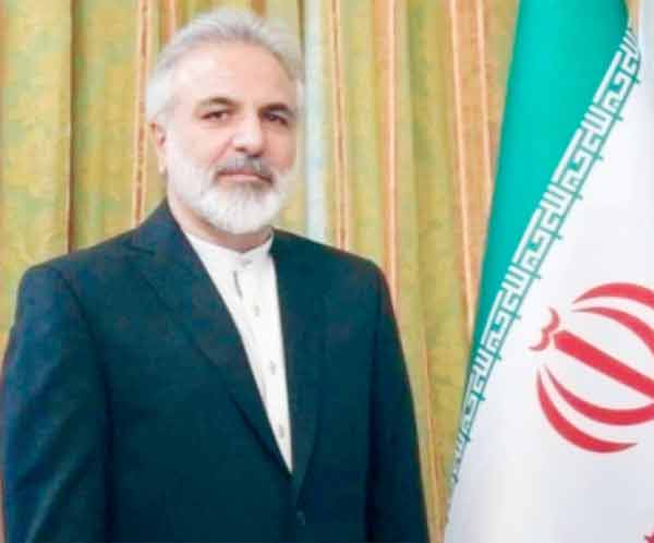 ایرانی سفیر پاکستان میں ایرانی اور پاکستانی پرچم کے ساتھ کھڑے ہیں، سیاست ڈے کے موقع پر۔.