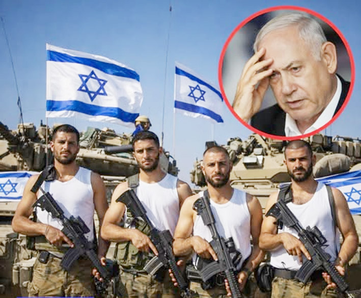 اسرائیلی فوجی جوان اور ہتھیار، فوجی گاڑیوں کے ساتھ، قومی پرچم کے بیچ.