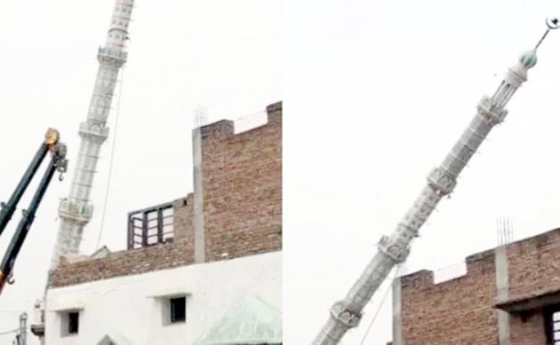 مذکورہ عمارت کے اوپر نصب ایک بلند مینار کی تصویر، جس میں تعمیراتی کام جاری ہے.