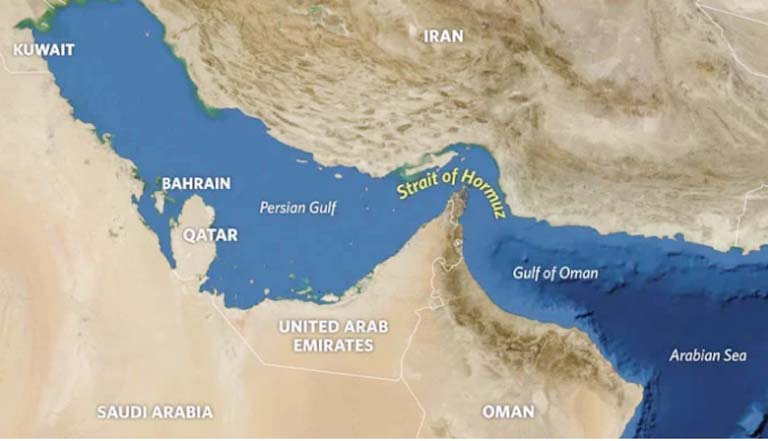 مضيق هرمز کا نقشہ، خلیج عمان اور عربی سمندر کے ساتھ.