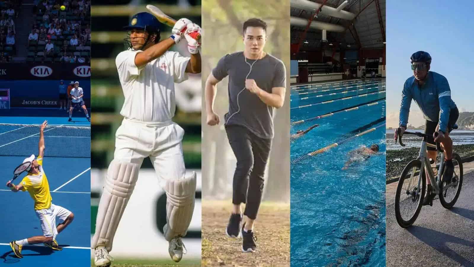 ایسوسی ایٹڈ کھیلوں کی تصاویر، جن میں کرکٹ، ٹینس، دوڑ، سوئمنگ اور سائیکلنگ شامل ہیں.