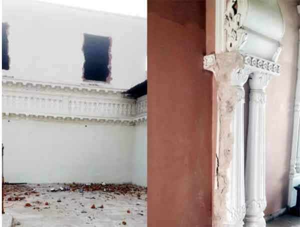 مرمت شدہ عمارت کا داخلی حصہ، ستون اور دیوار.