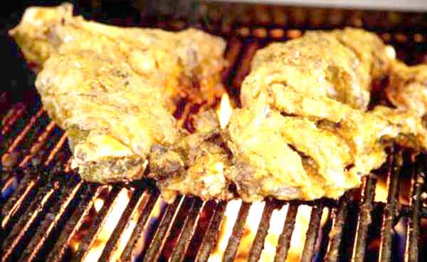 مرغی کے گوشت کے ٹکڑے، گرل پر پکائے گئے، گوشت کی خوشبو اور کرسپی سطح نمایاں.