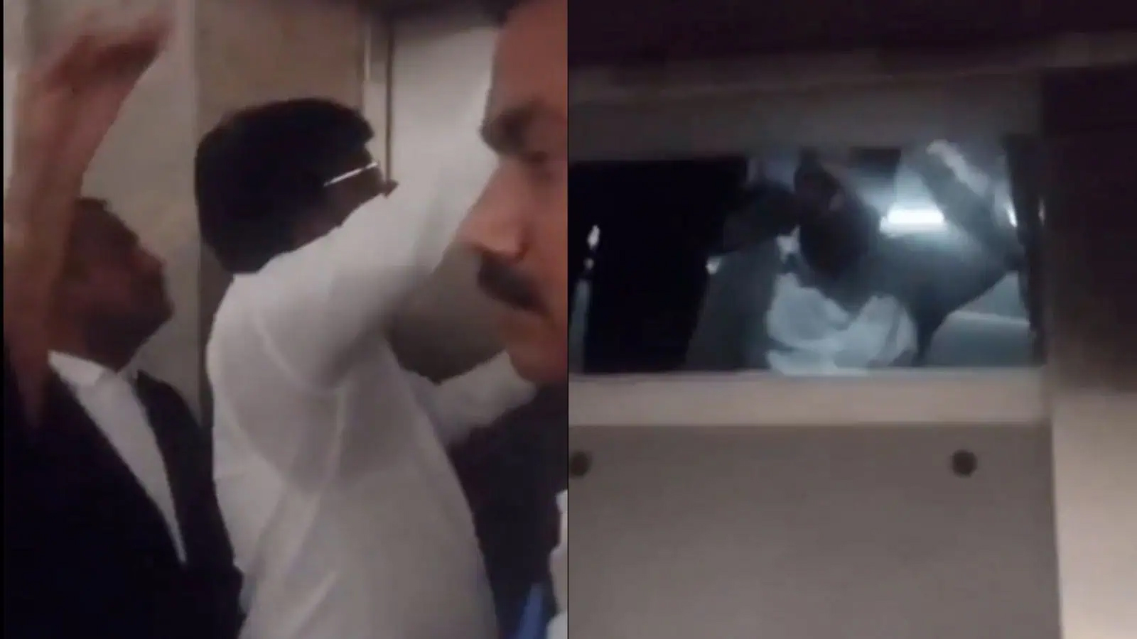 تصویر میں دو مرد آپس میں بحث کر رہے ہیں، ایک شخص ہاتھ اٹھا رہا ہے، دوسرا شخص قریب سے دیکھ رہا ہے.