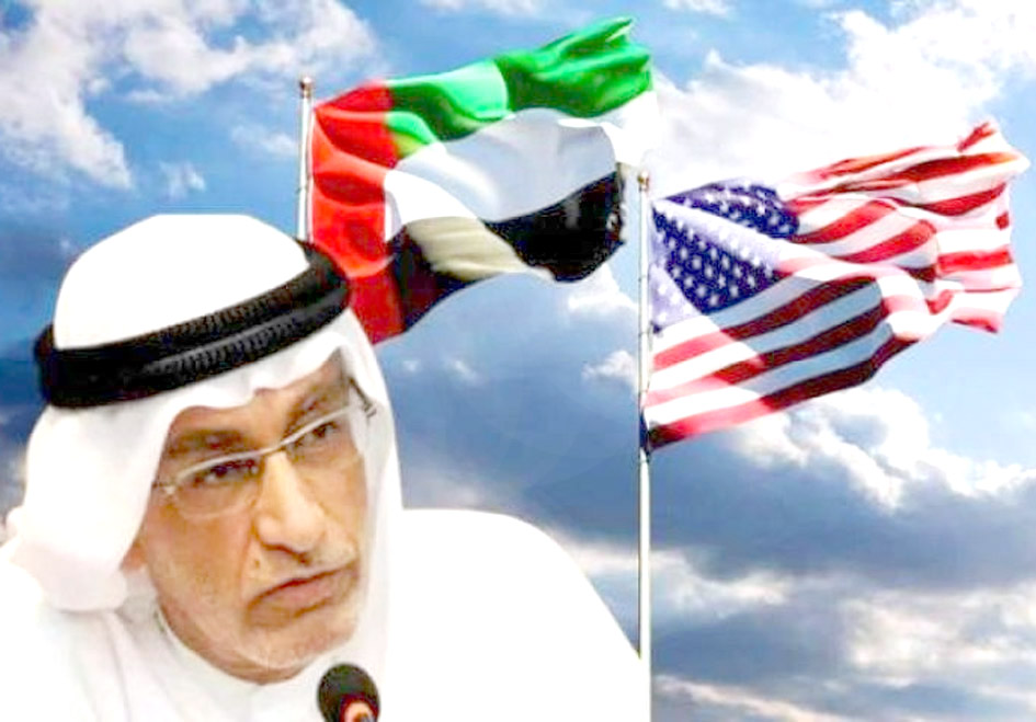 امریکی اور عرب امارات کے جھنڈے ہوا میں لہرا رہے ہیں، عالمی رہنما کے ساتھ، سیاسی اور بین الاقوامی تعل.