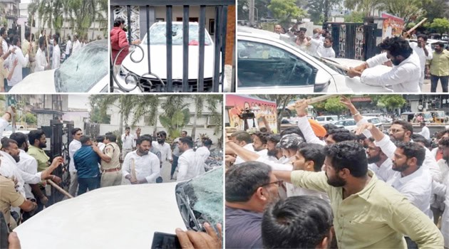 گاڑی کے خلاف احتجاج، ہجوم اور پولیس کی مداخلت کی تصویر.