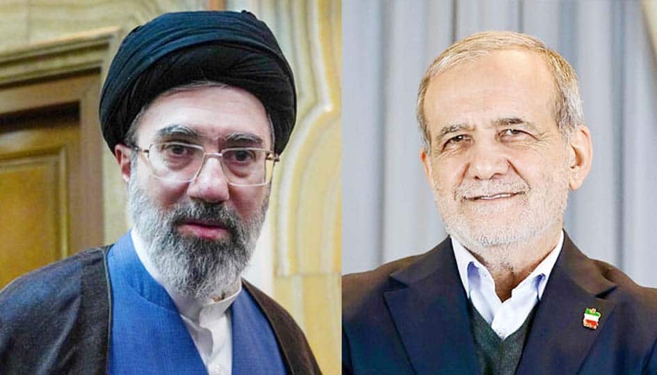 ایرانی صدر مسعودپزشکیان اور سپریم لیڈر آیت اللہ خامنہ ای کی ملاقات کی تصویر.
