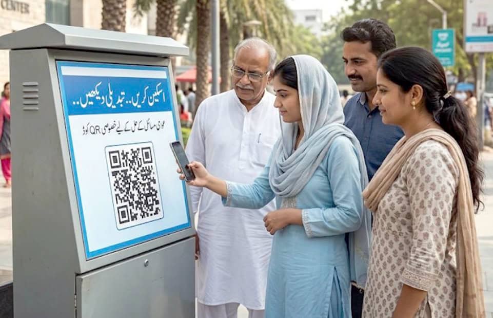 موبائل سے QR کوڈ اسکین کرتے ہوئے لوگ.