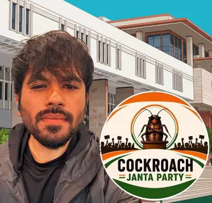 کاکروچ جنٹ پارٹی کے لوگو کے ساتھ ایک شخص کی تصویر، جدید عمارت کے پس منظر میں، سیاسی سرگرمیوں کی نمائ.