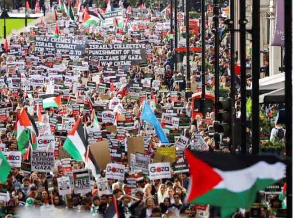 مظاہرہ میں فلسطین کے حق میں بینرز اور پرچم دکھائے گئے.