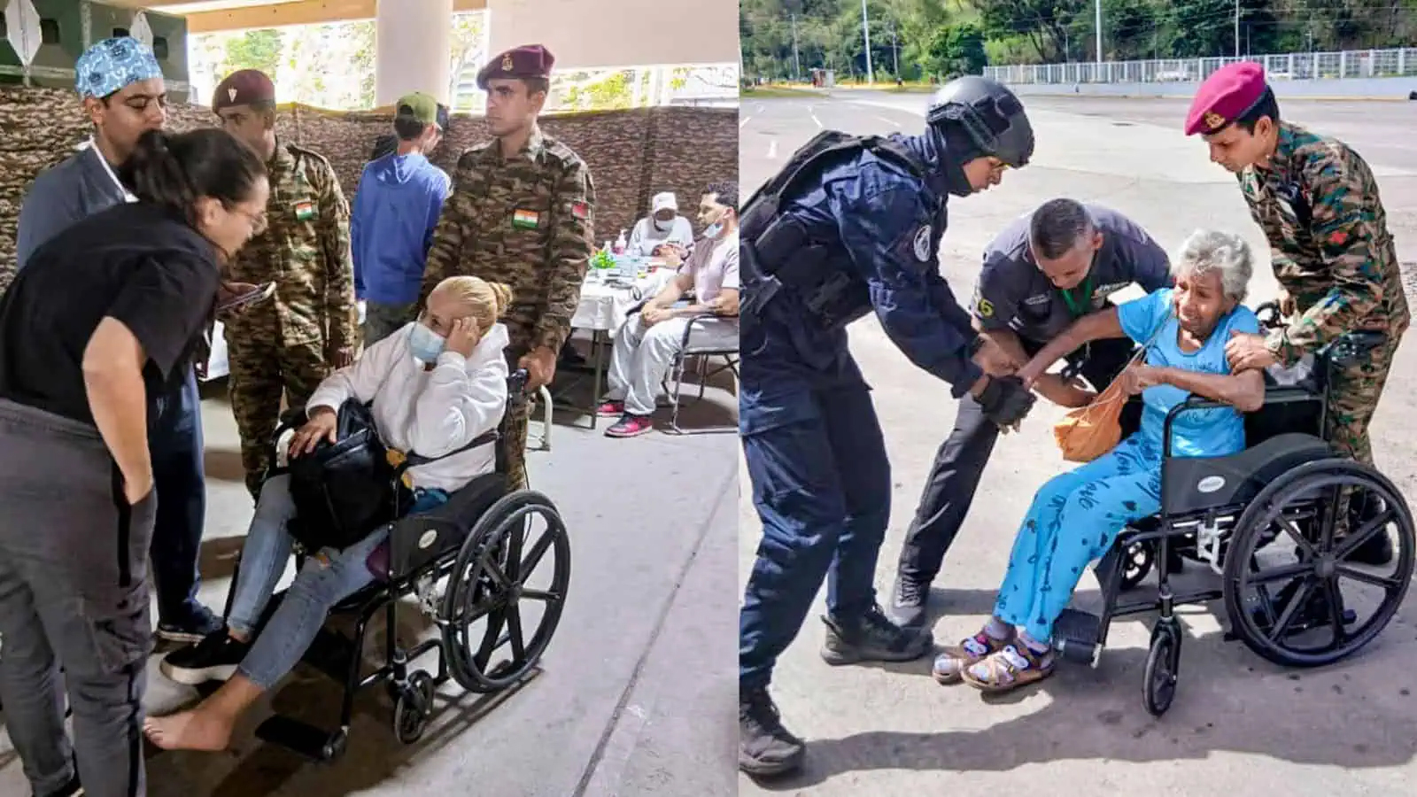 فوجی عملہ مریضہ خواتین کی مدد کر رہا ہے، ایک خاتون کو ویل چیئر سے اٹھا رہا ہے.
