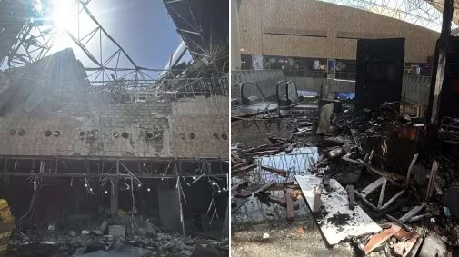 ہوائی اڈے کا تباہ شدہ داخلی حصہ، آگ لگنے کے بعد کا منظر،.