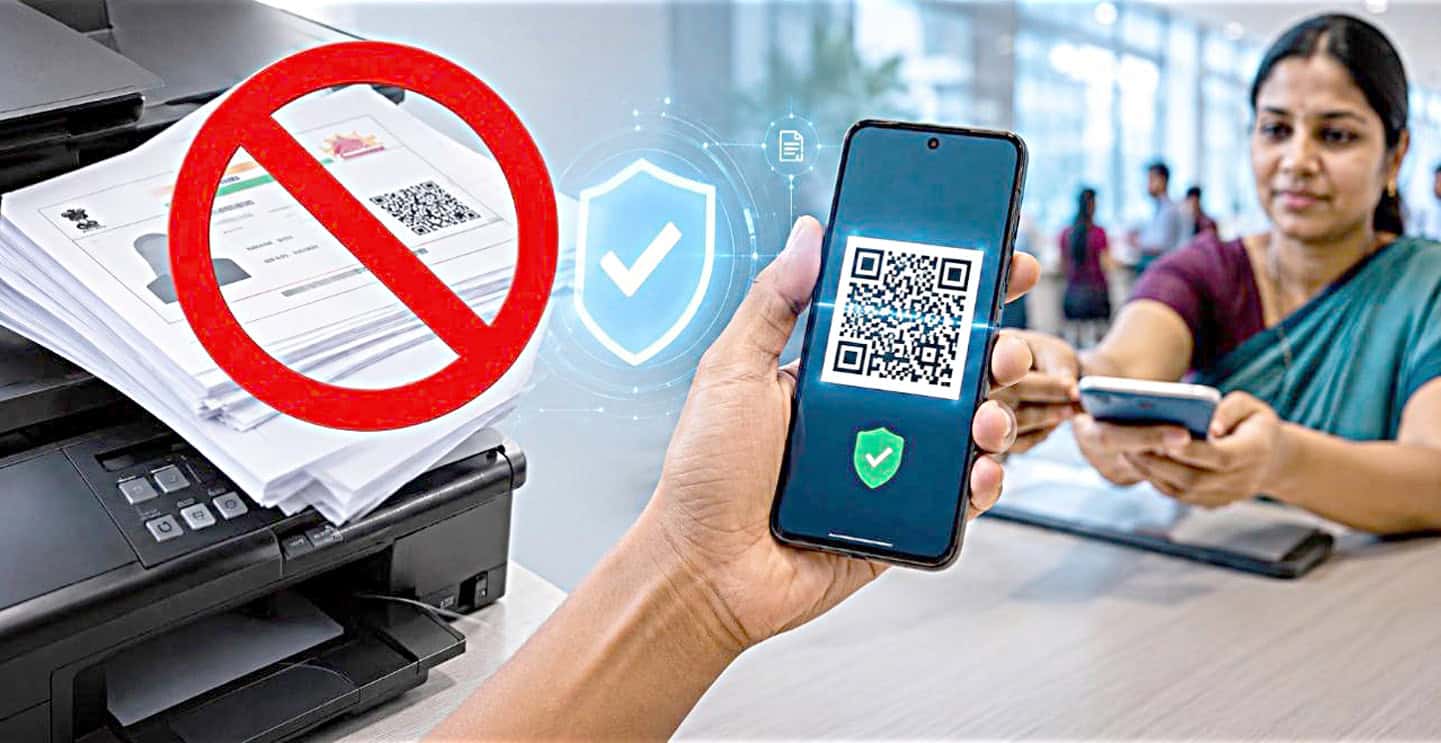 اس تصویر میں ایک شخص QR کوڈ اسکین کر رہا ہے، ایک خاتون قریب میں ہے، اور سیکیورٹی علامات دکھائی دے رہ.
