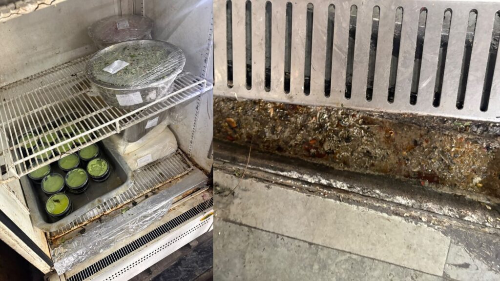فریزر کے اندر برتن اور سبز مشروبات، گندا فرش اور خراب حالت.