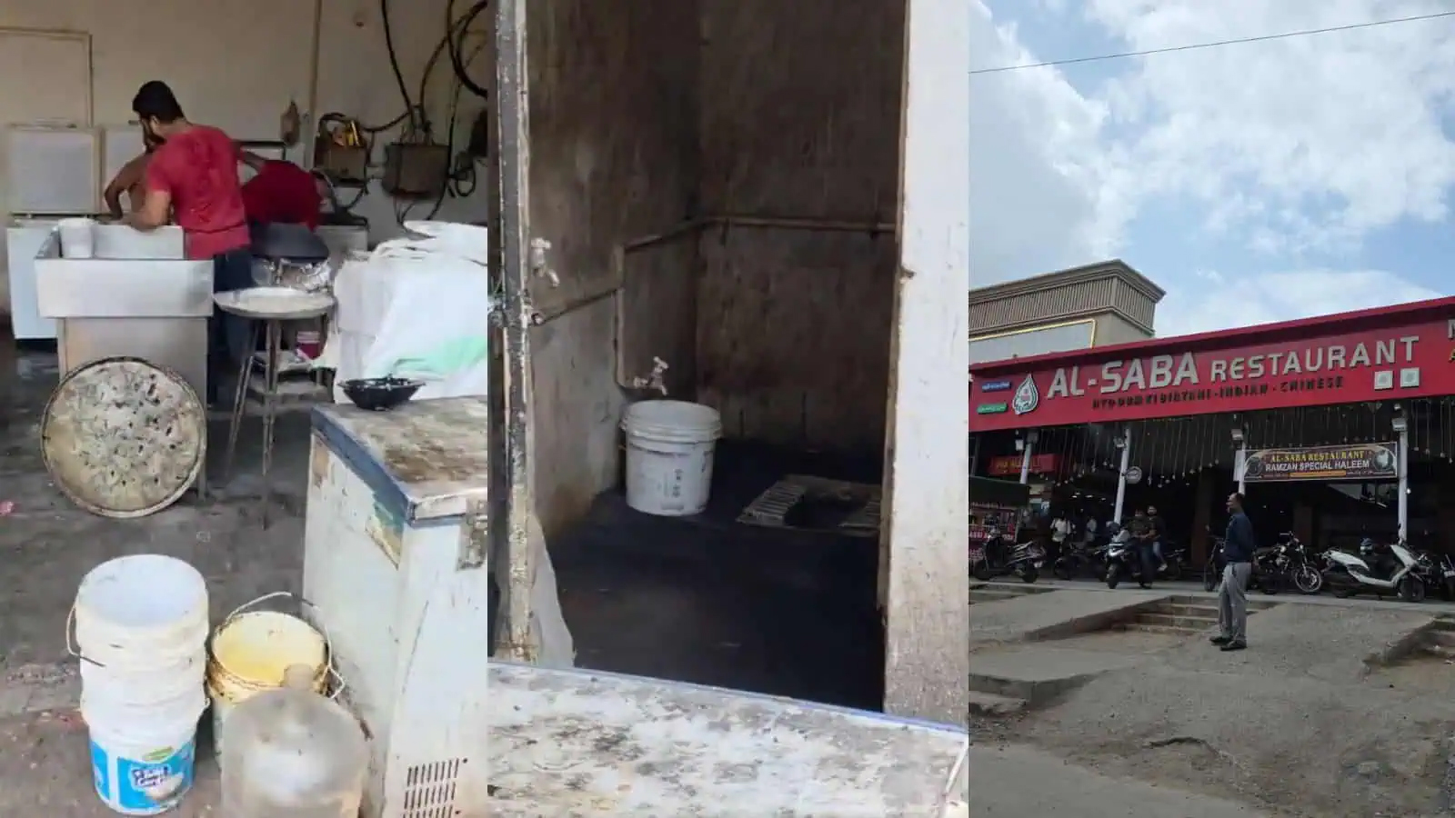پہلی تصویر میں صفائی کا کام جاری ہے، دوسری تصویر میں ریسٹورنٹ کا باہر کا منظر.