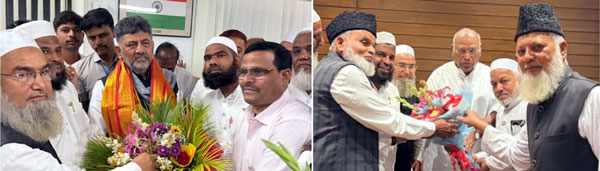 مذہبی رہنماؤں کا ایک ملاقات میں پھولوں کا تحفہ پیش کرنا.