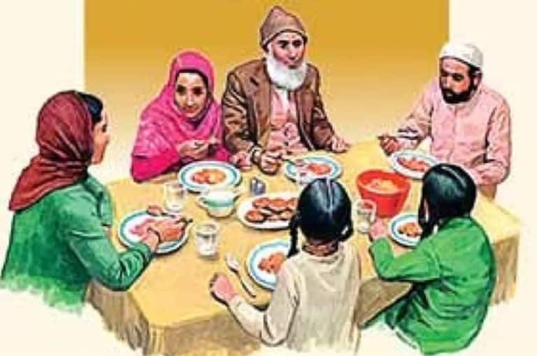 خاندانی افراد کھانے کے دوران آداب اور صحت کا خیال رکھتے ہوئے.