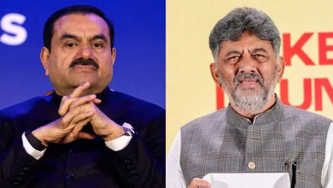 شیو کمار اور ادانی کی ملاقات کی تصویر، سیاسی اور کاروباری رہنماؤں کے درمیان گفتگو.