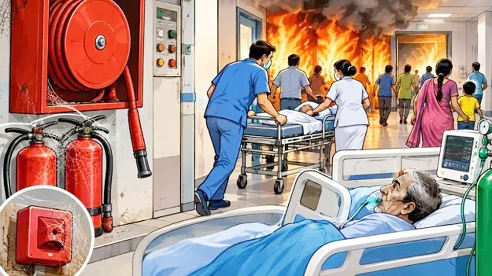 ہسپتال میں آگ لگنے کا منظر، ایمبولینس اور طبی عملہ موجود.