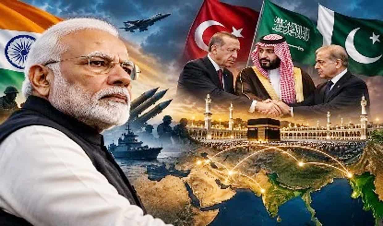 بھارتی، ترکی، سعودی اور پاکستانی رہنماؤں کی ملاقات کی تصویر.