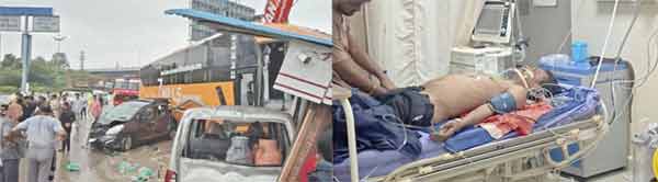 سڑک حادثہ میں زخمی اور تباہ شدہ گاڑیاں، ایمبولینس اور امدادی عملہ.