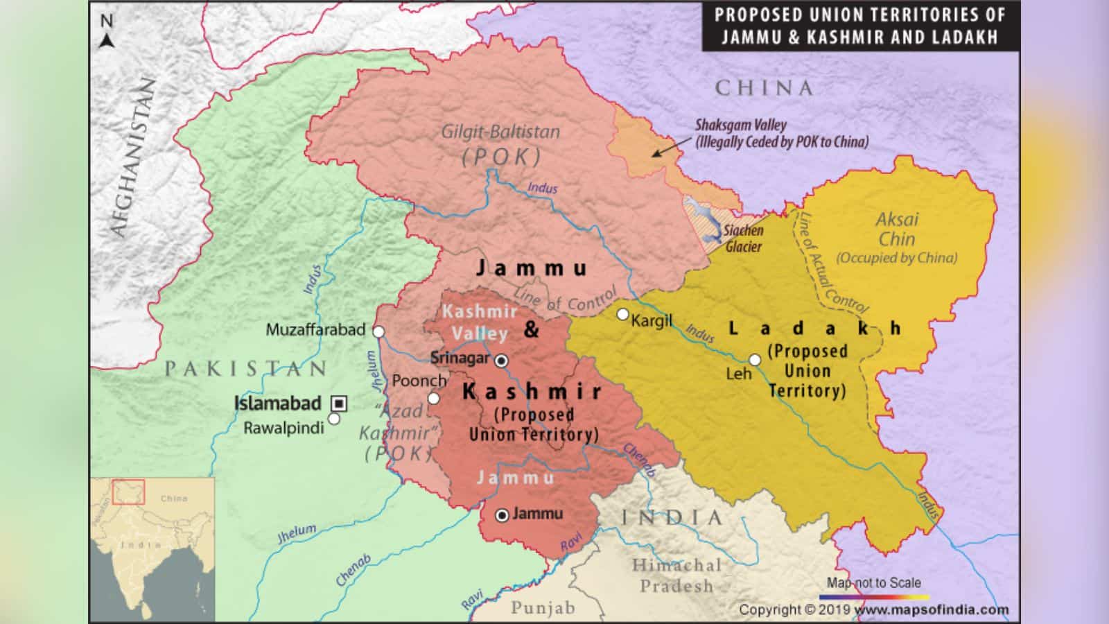 کشمیر، لداخ اور پاکستان کے نقشہ کی تفصیل، سیاسی حدود اور علاقائی تقسیم.