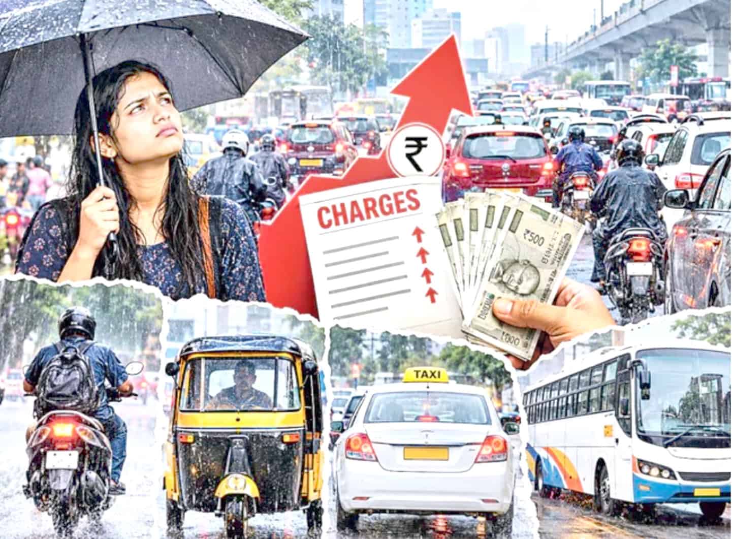 بارش میں شہری، ٹریفک جام، اور پیسے کے نشان کے ساتھ چارجز کا گراف.
