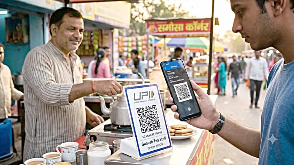 آدمی موبائل سے یو پی آئی QR کوڈ اسکین کر رہا ہے.