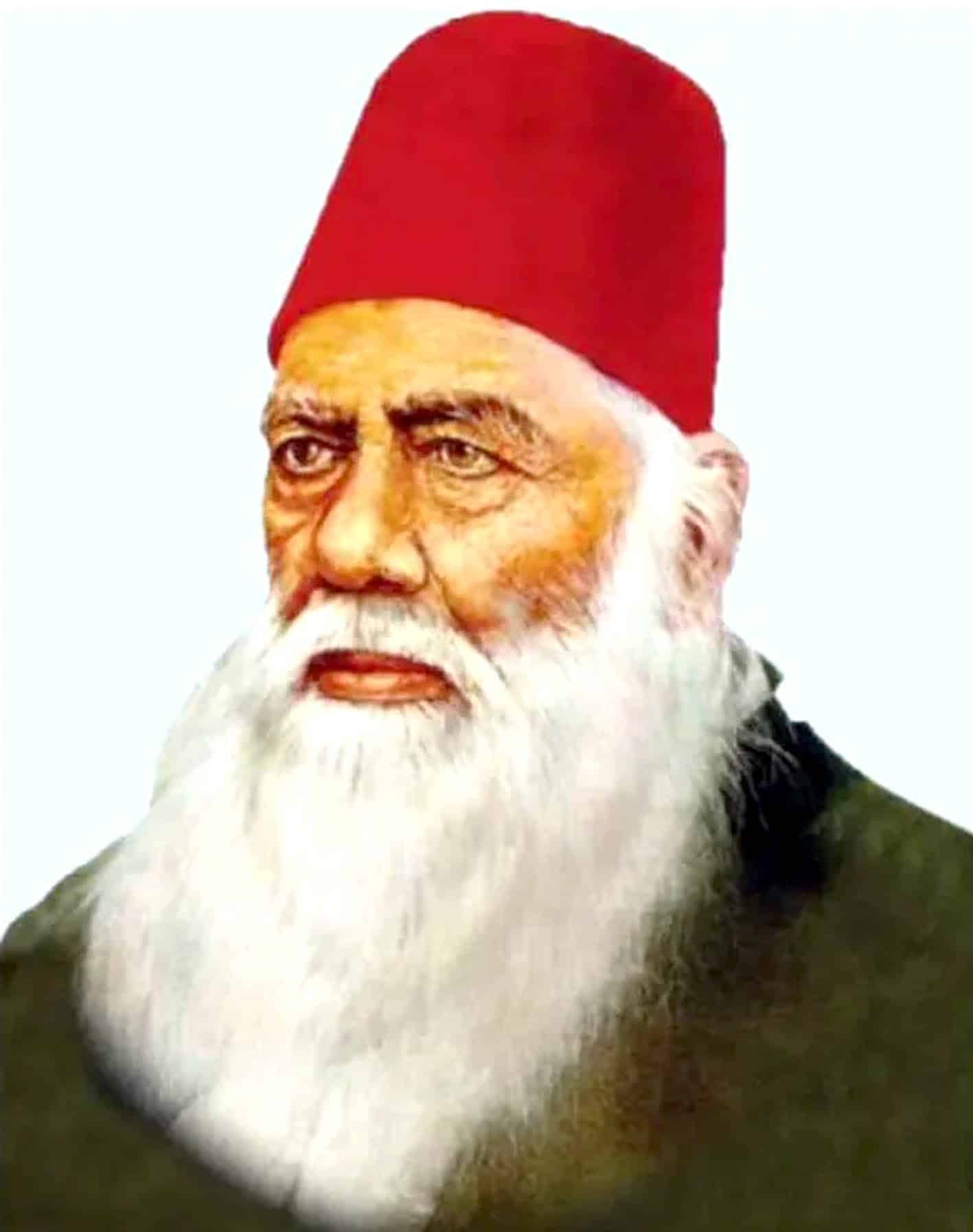 ایک بزرگ شخص کی تصویر، سفید داڑھی اور سرخ ٹوپی کے ساتھ.