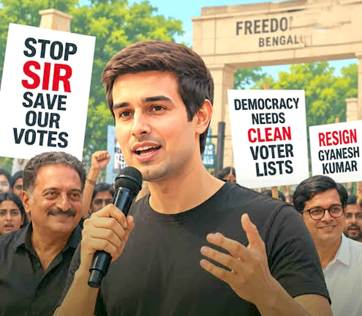 نوجوان رہنما مظاہرے میں تقریر کرتے ہوئے.
